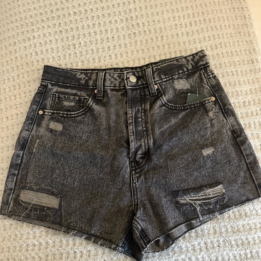 Distressed Black Denim Shorts